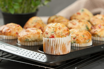 Home Baked Cheese And Vegetables Muffins With Pepper, Spinach, Sweetcorn, Mature Gouda.