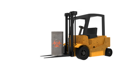 Forklift carrying a metal barrel with hazardous sign on it. Isolated on white