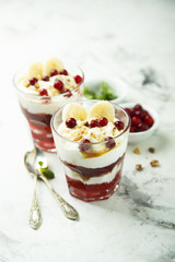 Homemade berry and banana trifle dessert