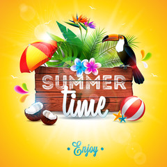 Vector Summer Time Holiday typographic illustration with toucan bird on vintage wood background. Tropical plants, flower, beach ball, coconut and sunshade with blue sky. Design template for banner © articular