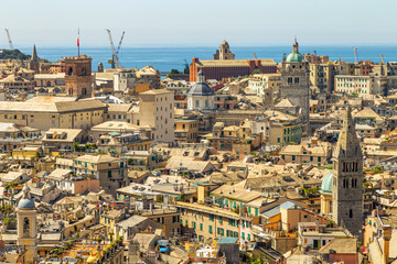 View of Genoa, cityscape of historical centre and the port, Liguria, Italy.
