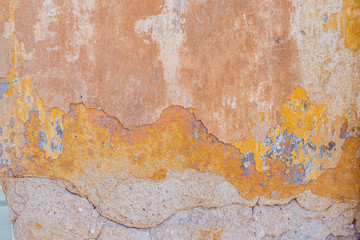 Old Cracked Weathered Shabby Yellow Painted Plastered Peeled Wall Background.