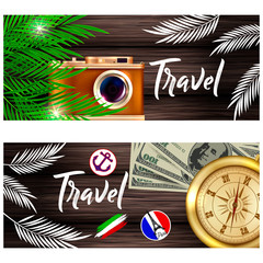 Travel illustration. A camera, palm leaves and a companion on a wooden background.