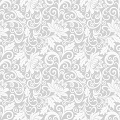 Seamless grey background with white pattern in baroque style. Vector retro illustration. Ideal for printing on fabric or paper. - obrazy, fototapety, plakaty
