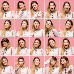 Young woman, diferent emotions collage over vintage pink background