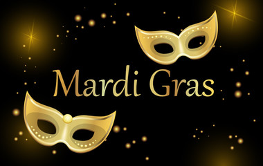 Black mardi gras carnival background with gold masks. © svetlaborovko