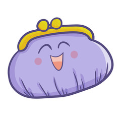 Funny and cute purple coin wallet laughing happily - vector.