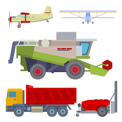 Agriculture harvest machine vector industrial farm equipment tractors transport combines and machinery excavator illustration.