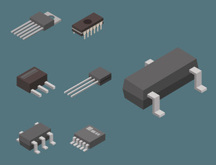 Microchip computer vector isometric chip technology processor circuit electronic board motherboard information system illustration.