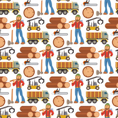 Sawmill woodcutter character logging equipment lumber machine industrial wood timber forest seamless pattern background vector illustration.