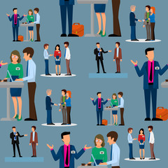 Business people vector groups presentation to investors conferense teamwork meeting characters interview illustration seamless pattern background.