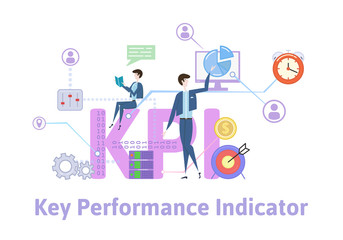 KPI, key performance indicators. Concept with keywords, letters and icons. Colored flat vector illustration on white background.