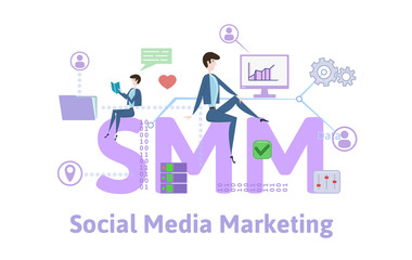 SMM, social media marketing. Concept with keywords, letters and icons. Colored flat vector illustration on white background.
