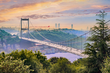 Old Bosphorus Bridge And Turkish Flag in Istanbul - Turkey - obrazy, fototapety, plakaty