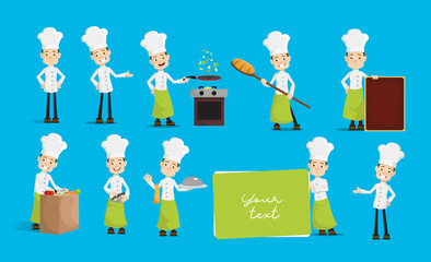 Cartoon Chef many poses Flat Vector Illustration Design