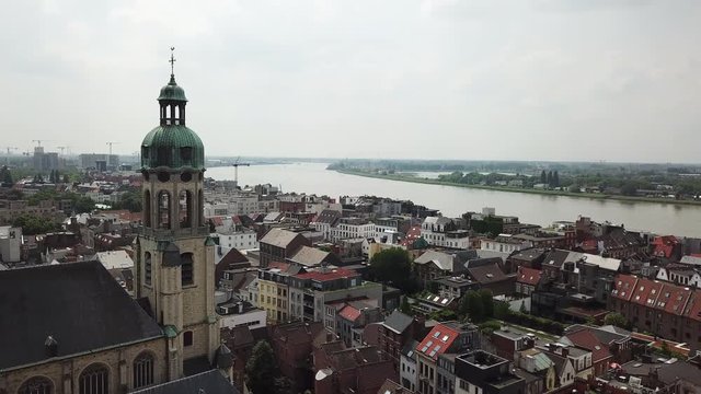 Aerial around old church in antwerp belgium 