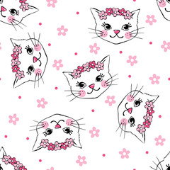 Seamless pattern with cute cats isolated on white.