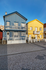 Colorful striped house facades in Portugal