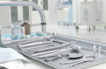 Medical equipment, diagnostics devices, surgery tools in modern operating room - scalpel, scissors, forceps, lancet, chisel, knife. Medicine and healthcare concept. 3D illustration