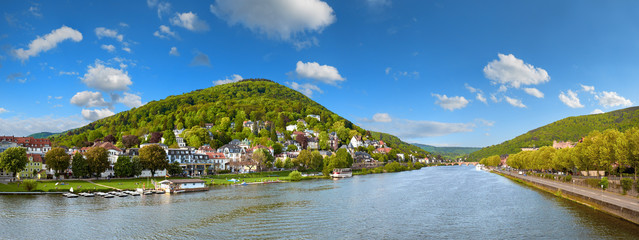 Panoramic view of Heidelberg and Neckar river from Karl Theodor Bridge
