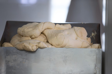 Industrial line of bakery products from yeast dough. Yeast dough in the rear
