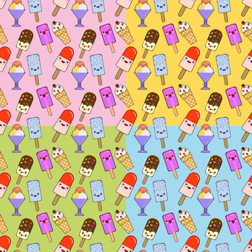 Ice cream cute seamless pattern set. Kawaii cartoon characters. Wafer surface with melted strawberry cream. Hello summer design. vector illustration
