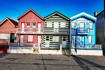 Colorful striped house facades in Portugal