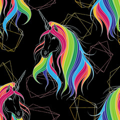 Seamless pattern with golden polygonal shapes and unicorn with rainbow mane. Design concept for print, card, poster, wallpaper. Vector illustration 
