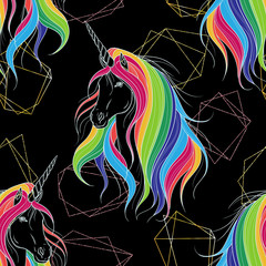 Seamless pattern with golden polygonal shapes and unicorn with rainbow mane. Design concept for print, card, poster, wallpaper. Vector illustration  © kateja