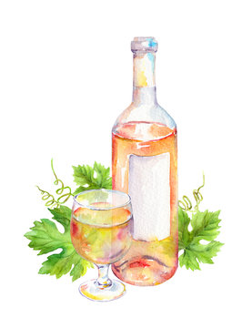 Wine glass, bottle with pink or white wine with vine leaves. Watercolor