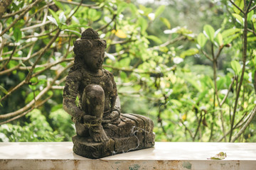 Fototapeta na wymiar close up view of traditional statue and plants with green leaves on background, ubud, bali, indonesia