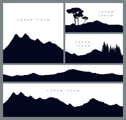 Set of mountains silhouette backgrounds. Stylish cards in outdoor style. Travelling and environment. Vector templates for business cards, greetings, prints, web design, invitations and banners.