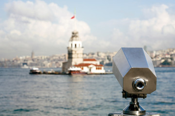 Touristic telescope look at the city with view of Turkey