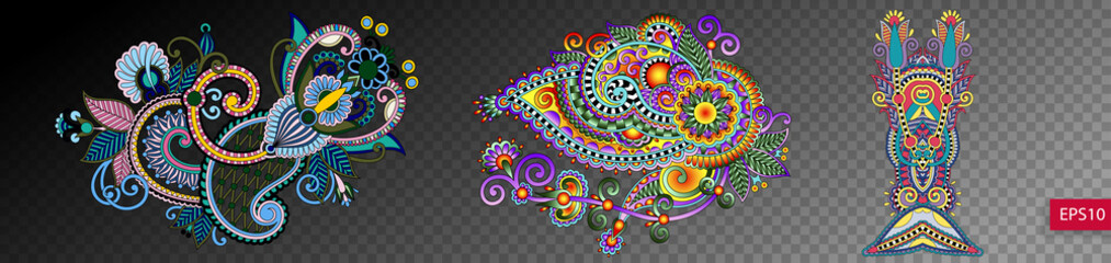 set of three paisley flower design isolated on a transparent bac