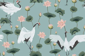 Behang naadloos patroon met Japanse kraanvogels en lotussen © Hmarka