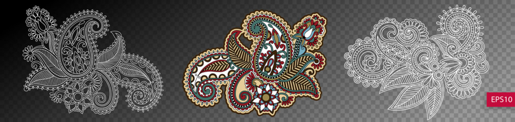 set of three paisley flower design isolated on a transparent bac