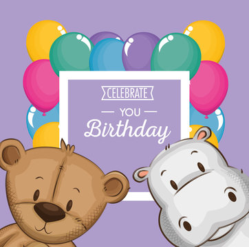 cute bear teddy and hippo birthday card vector illustration design