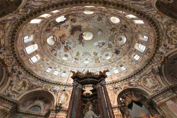 Internal view of Sanctuary of Vicoforte, Cuneo (Italy). The sanctuary has the largest elliptical...
