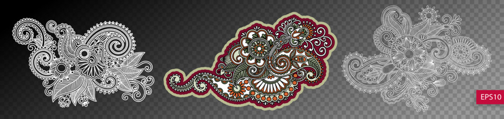 set of three paisley flower design isolated on a transparent bac