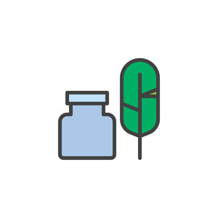 Feather with Ink Bottle filled outline icon, line vector sign, linear colorful pictogram isolated on white. Quill Pen and inkwell symbol, logo illustration. Pixel perfect vector graphics