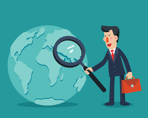 Businessman holding magnifying glass over world map. International collaboration, finding professional employees, new business start-up and business travel vector concept