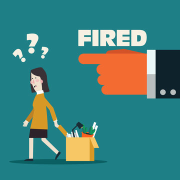 Dismissed frustrated business woman carrying box with her things. Angry boss firing employee. Unemployment, crisis, jobless and employee job reduction concept vector design
