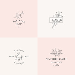 Abstract Floral Vector Signs or Logo Templates Set. Retro Feminine Illustration with Classy Typography. Premium Flower Emblems for Beauty Salon, SPA, Wedding Boutiques, Care Cosmetics, etc. - obrazy, fototapety, plakaty
