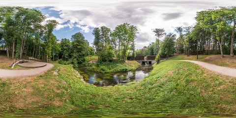 full seamless spherical panorama 360 by 180 angle view on the shore of small river in sunny summer day in equirectangular projection, skybox VR virtual reality content