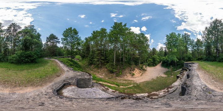 Full seamless 360 degrees angle  view panorama on the ruined abandoned military fortress of the First World War in the forest in equirectangular spherical projection. Ready for VR AR content