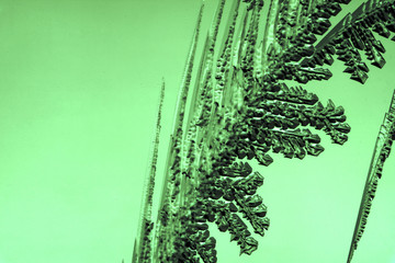 snowflakes on green glass as an abstract background