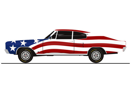 Sticker of muscle car in the color of the American flag. Side view. Flat vector.