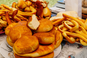 Different kinds of smoked cheese on a table