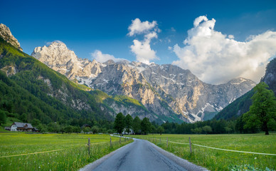 Road through Logarska valley in setting sun with alp mountains in the background
