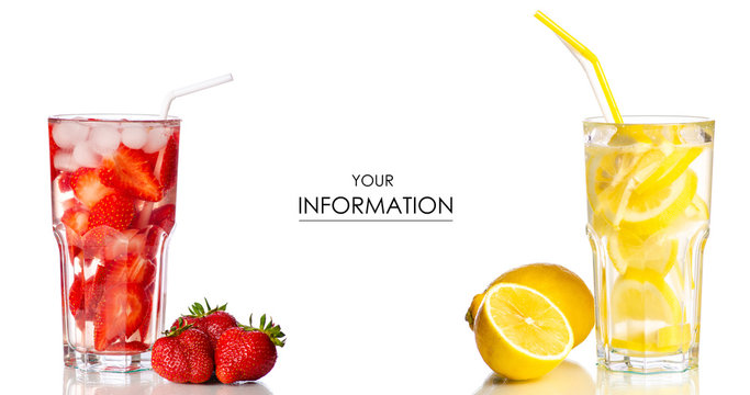 Set glasses with lemonade soft drinks lemon strawberry on a white background isolation